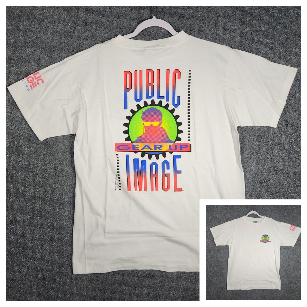 Public Image Gear Up T-Shirt Mens Large White Excellent Vintage 90s Neon Rare